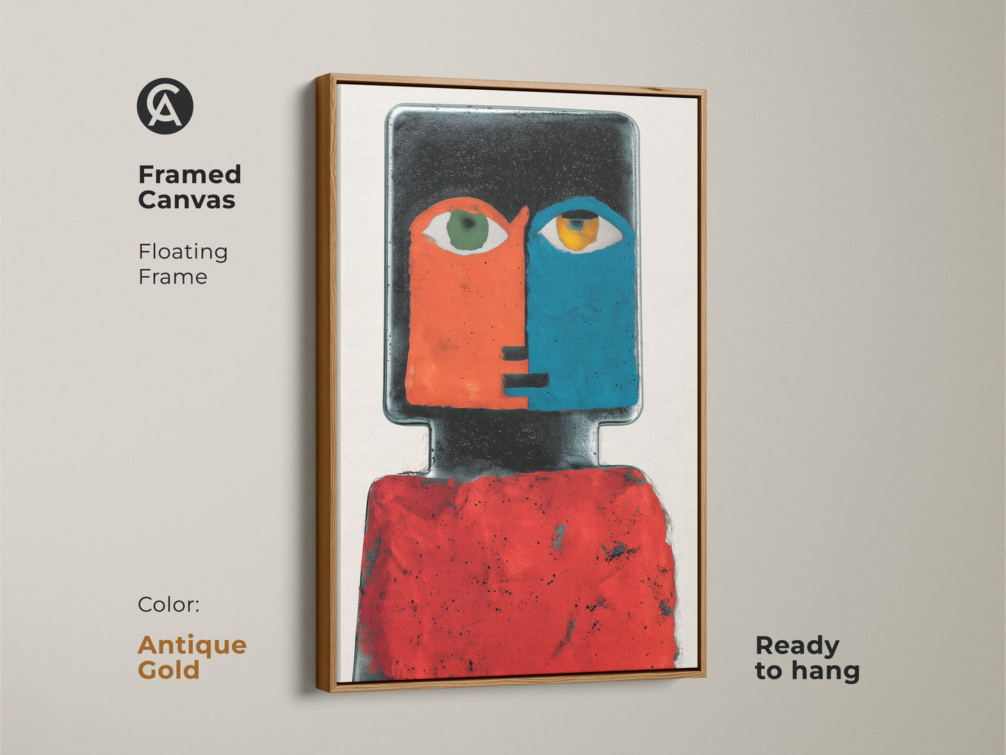 Framed Canvas in Antique Gold color featuring a Contemporary Abstract Face Portrait artwork. Floating frame. The red and blue figurative art adds eclectic charm to bedroom art. Ready to hang.