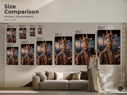 Size comparison guide for the giraffe art showcasing inches and centimeters. Sizes range from small to large. This art adds sophistication to any space from small spaces to above a living room couch.