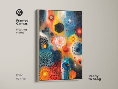 Framed canvas with a white floating frame featuring geometric abstract artwork. The contemporary art includes orange blue and teal mandala patterns. Ready to hang this eclectic art print makes a statement. It's perfect for modern office or home decor