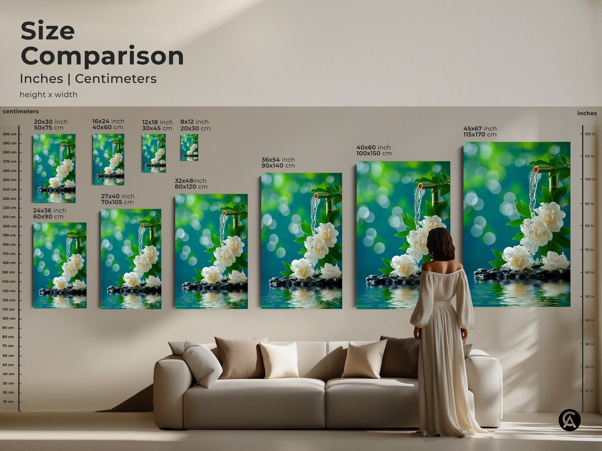 Compare sizes of this zen artwork with a size comparison guide. See how the art scales in inches and centimeters. Each size features white peonies a bamboo fountain and water flowing over stones. Choose the right dimensions for your home.