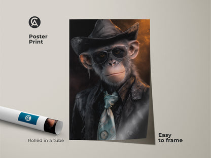 Poster print featuring a surreal animal artwork. A rolled in tube chimpanzee dressed as cowboy print easy to frame. A stylish monkey with hat art adds character to living spaces. The chimpanzee cowboy poster makes for a thoughtful animal lover gift.