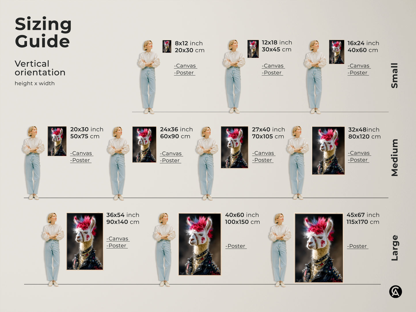 The sizing guide displays a Punk Llama art piece on a poster and canvas in multiple sizes. The image provides vertical orientation and height and width measurements to help select the best size for the wall.