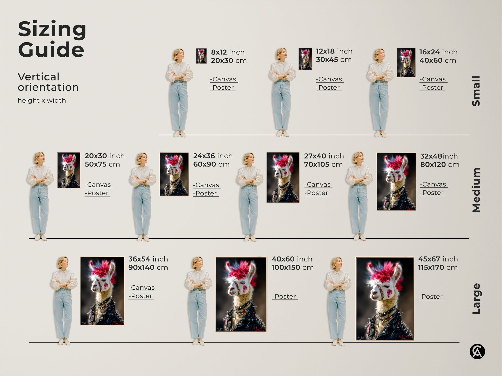 The sizing guide displays a Punk Llama art piece on a poster and canvas in multiple sizes. The image provides vertical orientation and height and width measurements to help select the best size for the wall.