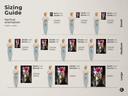 The sizing guide displays a Punk Llama art piece on a poster and canvas in multiple sizes. The image provides vertical orientation and height and width measurements to help select the best size for the wall.