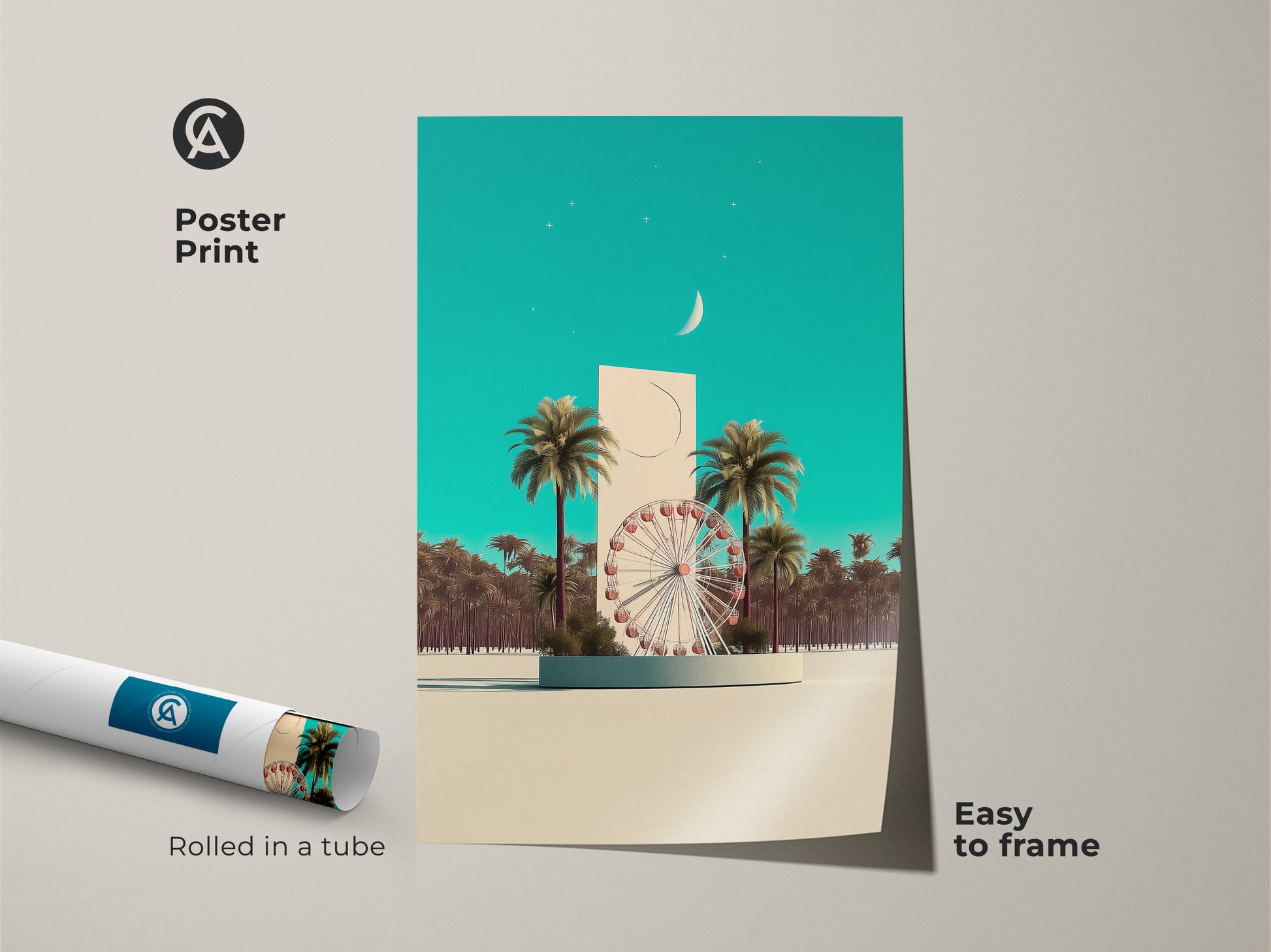 Poster print. A surreal ferris wheel & palm trees add fun. Teal sky adds a modern touch. Easy to frame. Rolled in a tube for protection. Makes a unique travel lover gift. Contemporary style.
