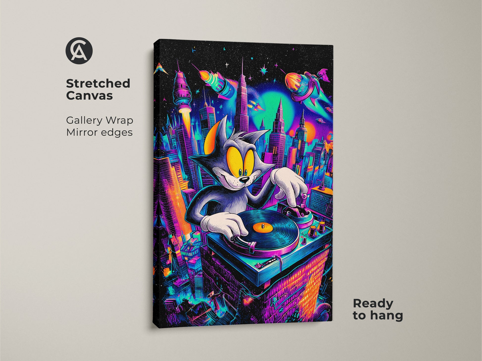 Stretched canvas print of Tom and Jerry as a DJ. Gallery wrapped with mirror edges. Ready to hang this artwork features a cartoon cat mixing music in a colorful cityscape. A fun and modern piece for home decor. Ideal for fans of pop culture art.