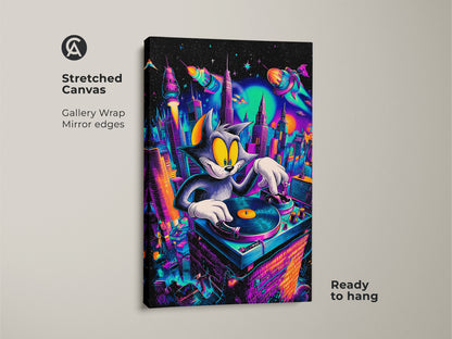 Stretched canvas print of Tom and Jerry as a DJ. Gallery wrapped with mirror edges. Ready to hang this artwork features a cartoon cat mixing music in a colorful cityscape. A fun and modern piece for home decor. Ideal for fans of pop culture art.