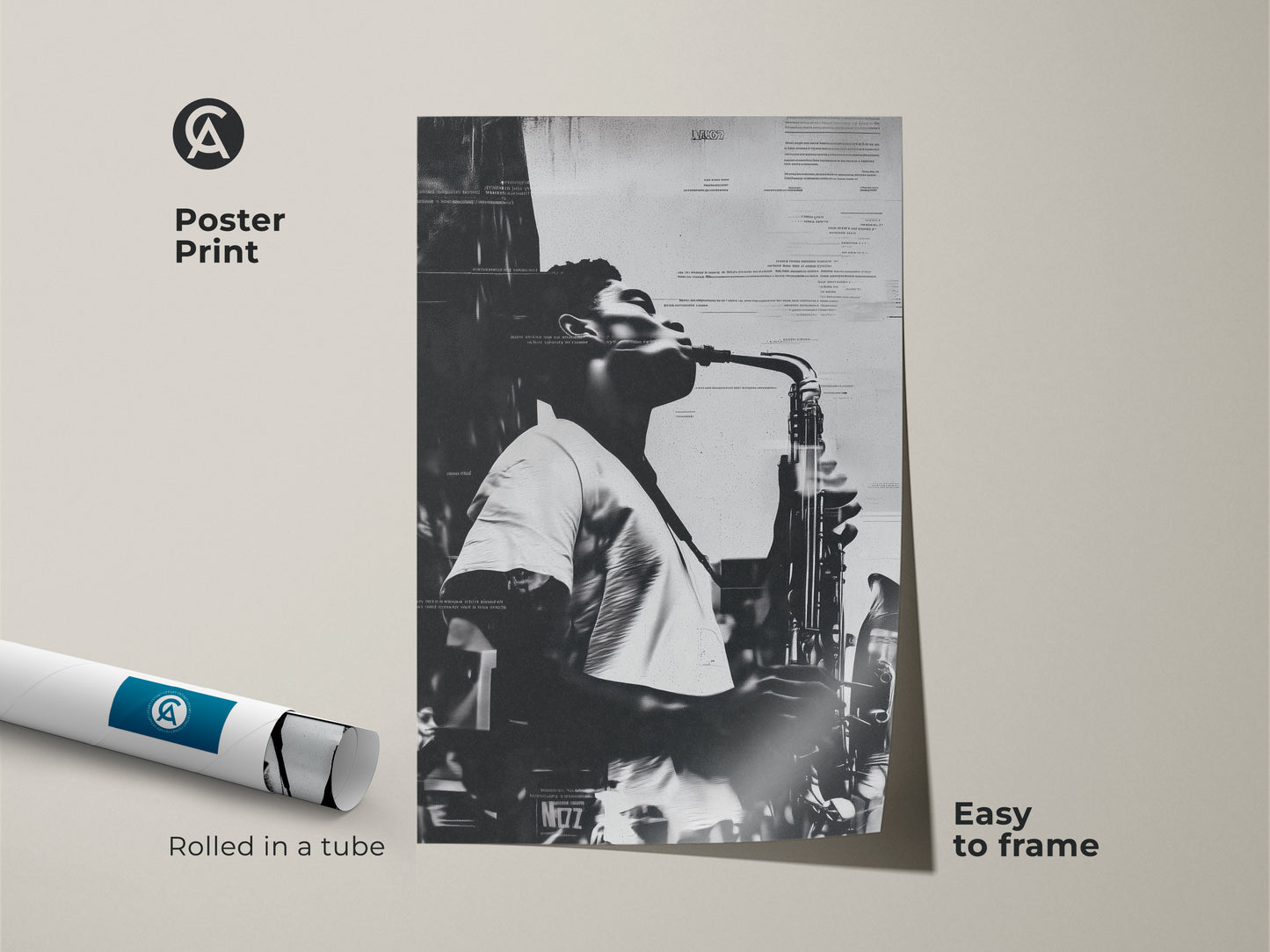 Poster print of a musician playing the saxophone. The black and white art is rolled in a tube for easy framing. An affordable option for adding musical flair to your space. The jazz-inspired artwork is easy to frame and display.