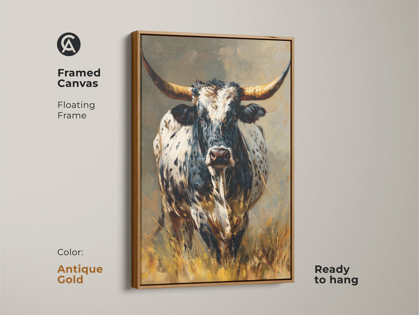 Framed canvas featuring Longhorn Bull artwork. The antique gold floating frame enhances the black and white animal artwork. It's ready to hang. This rustic western wall decor adds elegance to any space. Perfect for farmhouse homes. It adds a cowboy touch. An ideal gift for wildlife and western art collectors. The textured animal artwork stands out.