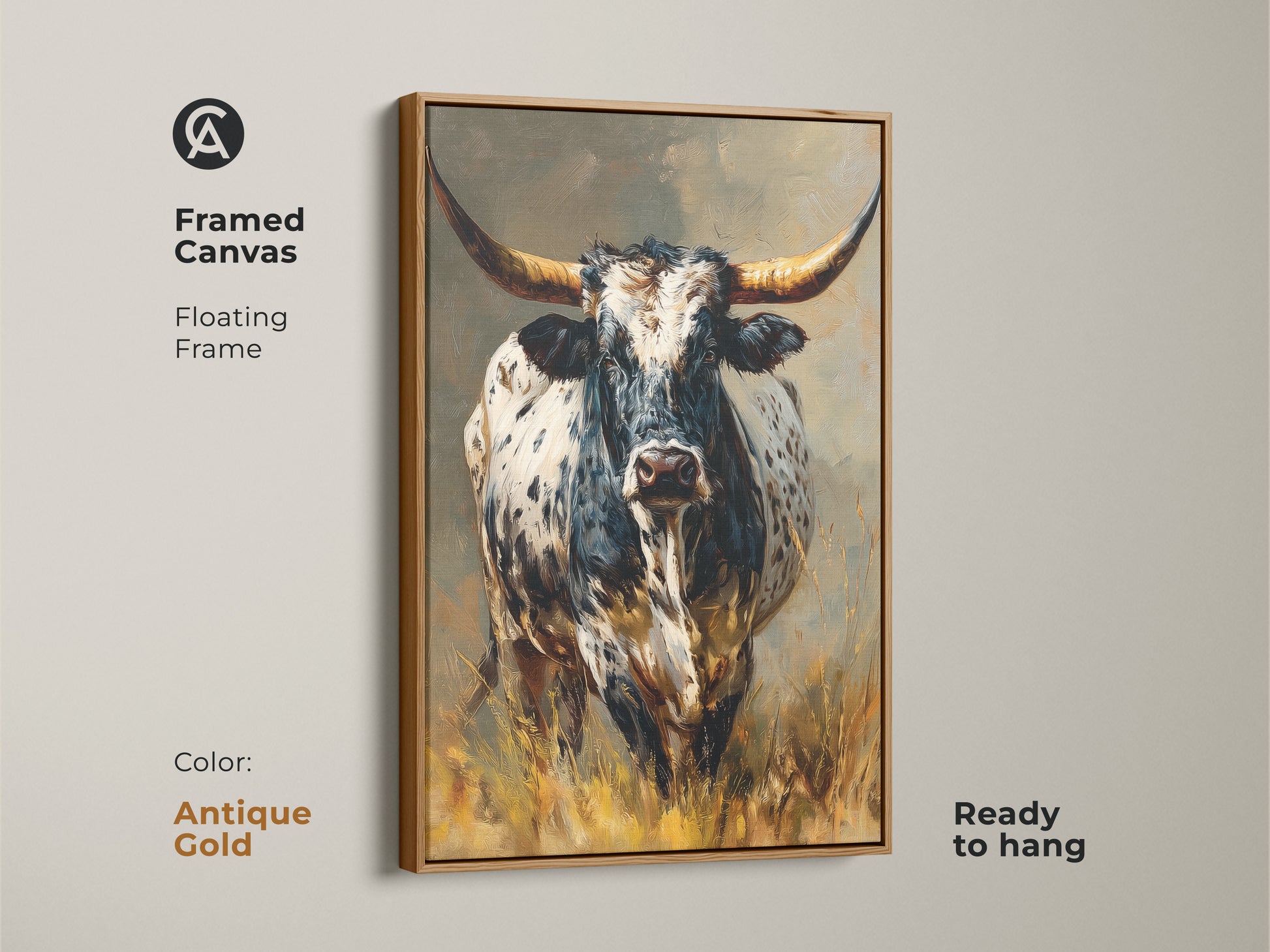 Framed canvas featuring Longhorn Bull artwork. The antique gold floating frame enhances the black and white animal artwork. It's ready to hang. This rustic western wall decor adds elegance to any space. Perfect for farmhouse homes. It adds a cowboy touch. An ideal gift for wildlife and western art collectors. The textured animal artwork stands out.