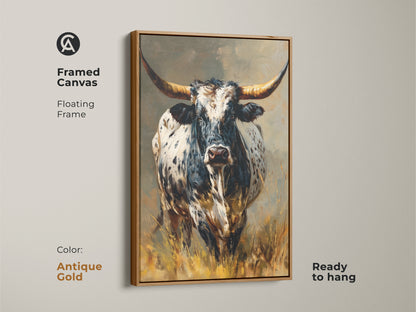 Framed canvas featuring Longhorn Bull artwork. The antique gold floating frame enhances the black and white animal artwork. It's ready to hang. This rustic western wall decor adds elegance to any space. Perfect for farmhouse homes. It adds a cowboy touch. An ideal gift for wildlife and western art collectors. The textured animal artwork stands out.