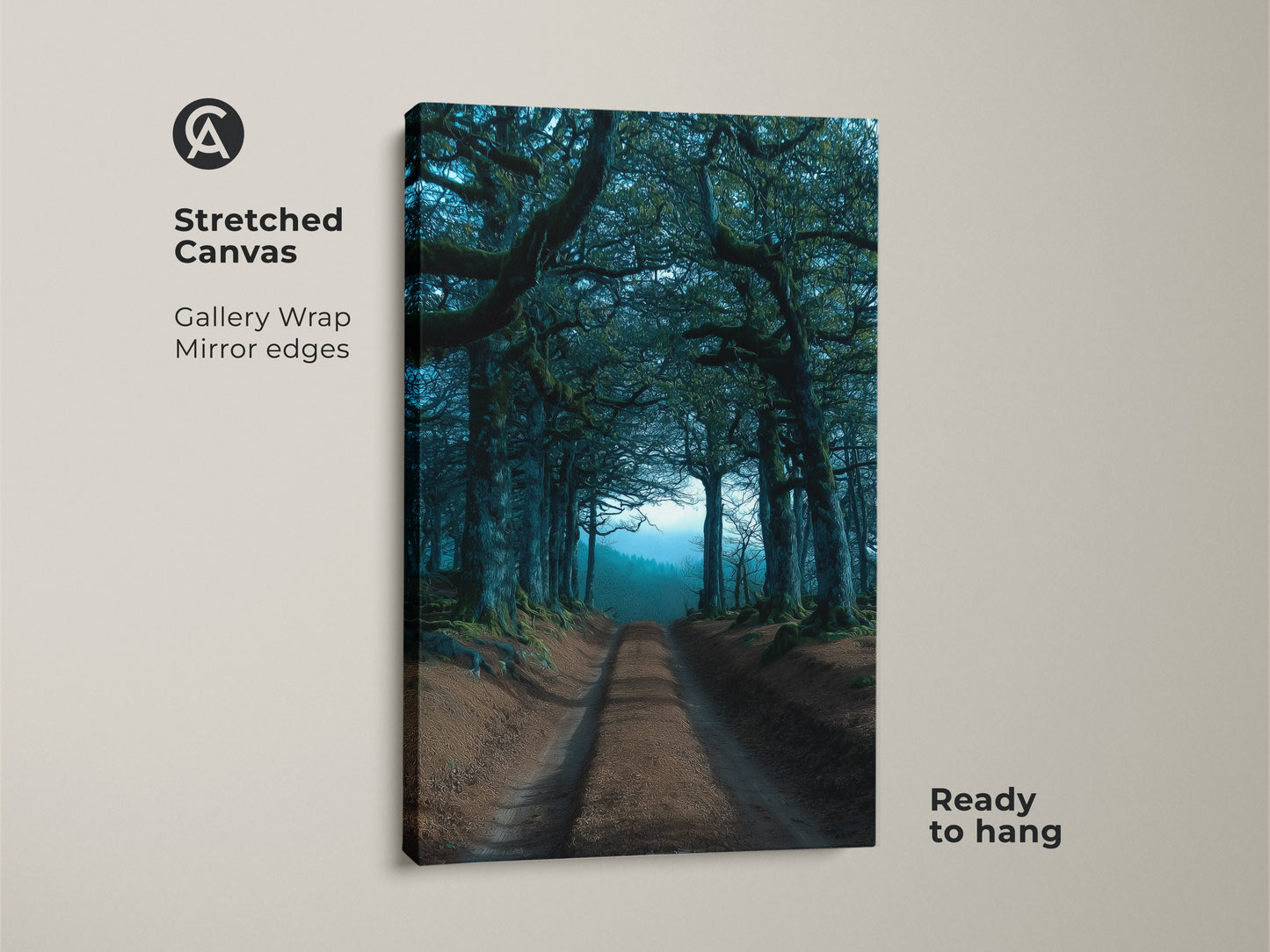 A stretched canvas print presents an emerald forest wall art piece. The tree tunnel canvas print uses gallery wrap and mirror edges. This dark academia landscape is ready to hang adding eclectic home decor easily.