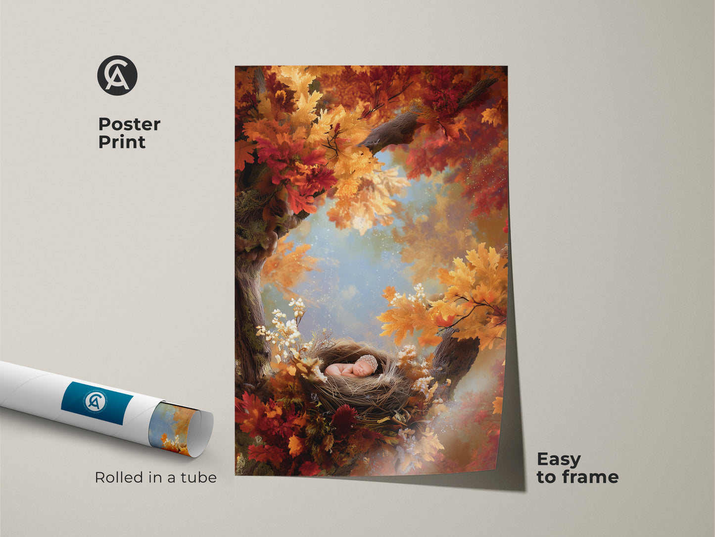 Poster print of a baby sleeping in a nest. The surrounding tree is full of fall foliage. Easy to frame this art brings nature indoors. A charming addition to any nursery or children's room. Rolled in a protective tube for safe shipping.