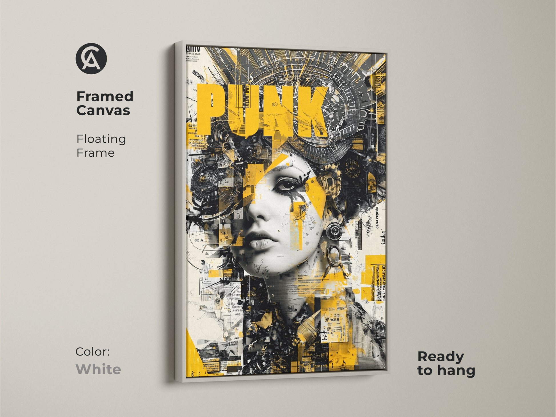Framed canvas art of a woman with punk inspired headwear. The artwork has a floating frame and is ready to hang. The frame color is white. The artwork features yellow black and white colors.