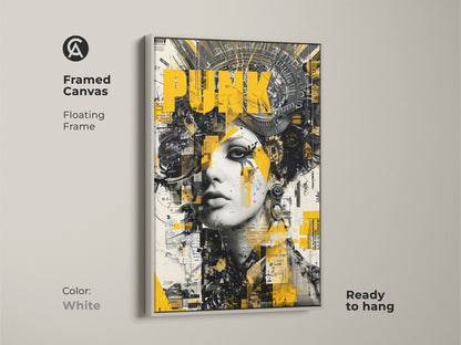 Framed canvas art of a woman with punk inspired headwear. The artwork has a floating frame and is ready to hang. The frame color is white. The artwork features yellow black and white colors.