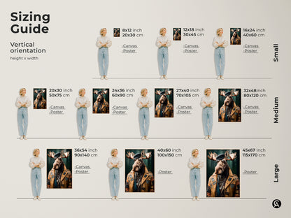 Sizing guide for the 'Dapper Moose' artwork. Various vertical orientations are displayed. This includes canvas and poster options. Sizes range from small to large. Pick the ideal fit for your space.