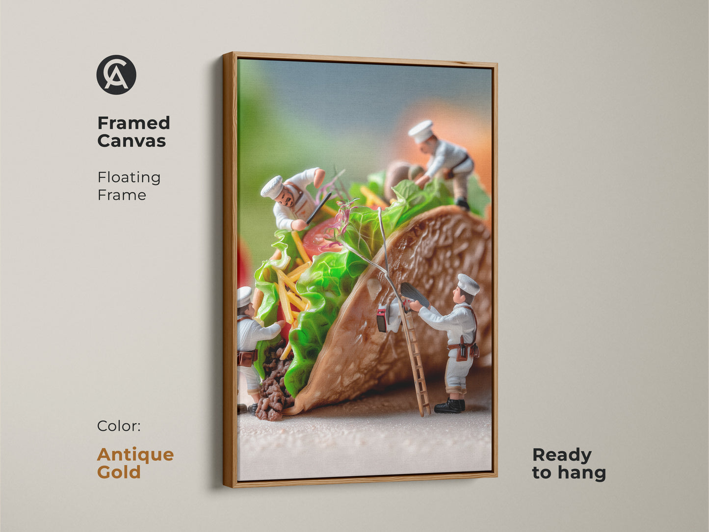 Framed canvas artwork of chefs building a taco. The floating frame is antique gold. This food art adds elegance to your decor. The chefs carefully arrange the ingredients. A unique culinary art piece that is ready to hang and enjoy in your home.