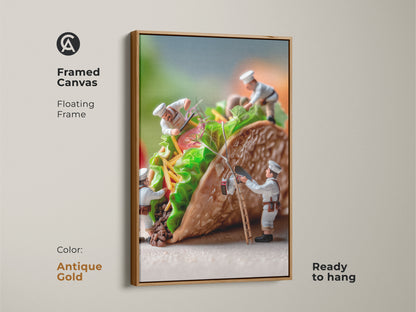 Framed canvas artwork of chefs building a taco. The floating frame is antique gold. This food art adds elegance to your decor. The chefs carefully arrange the ingredients. A unique culinary art piece that is ready to hang and enjoy in your home.