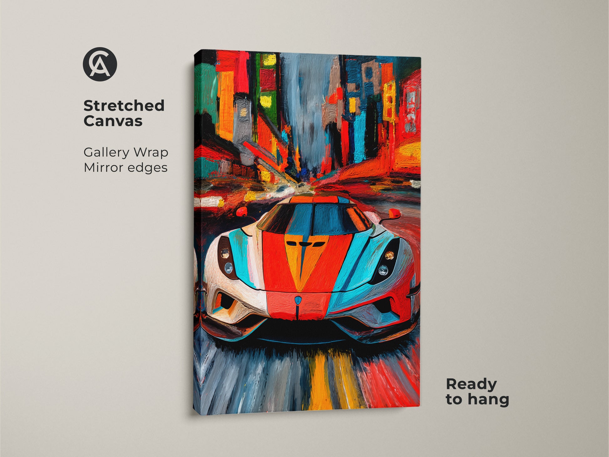 Stretched canvas art featuring an abstract supercar against a cityscape. The gallery wrap and mirror edges add a contemporary touch. Vibrant red blue and orange hues create a sense of speed and energy. Ideal automotive decor for an office living room or F1 fan space. A unique car enthusiast gift ready to hang.