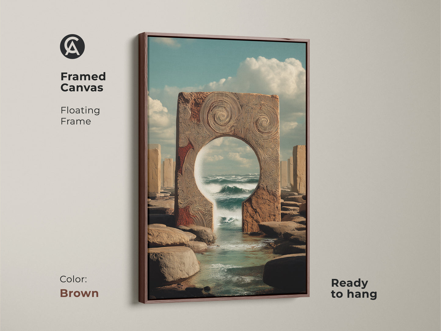 Brown framed canvas featuring surreal seascape artwork. A conceptual ocean portal.  Perfect home office landscape art. This unique piece is ready to hang in your home.