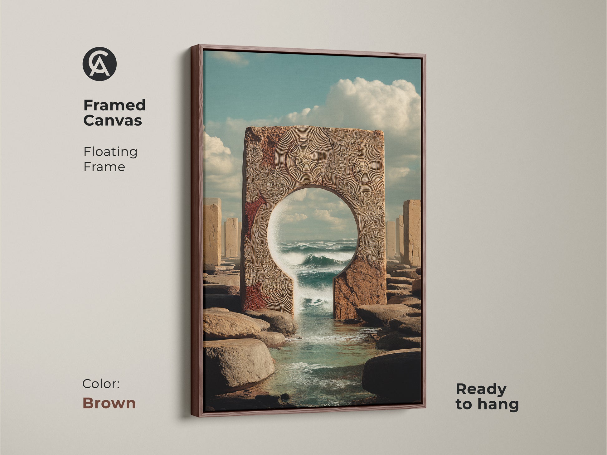 Brown framed canvas featuring surreal seascape artwork. A conceptual ocean portal.  Perfect home office landscape art. This unique piece is ready to hang in your home.