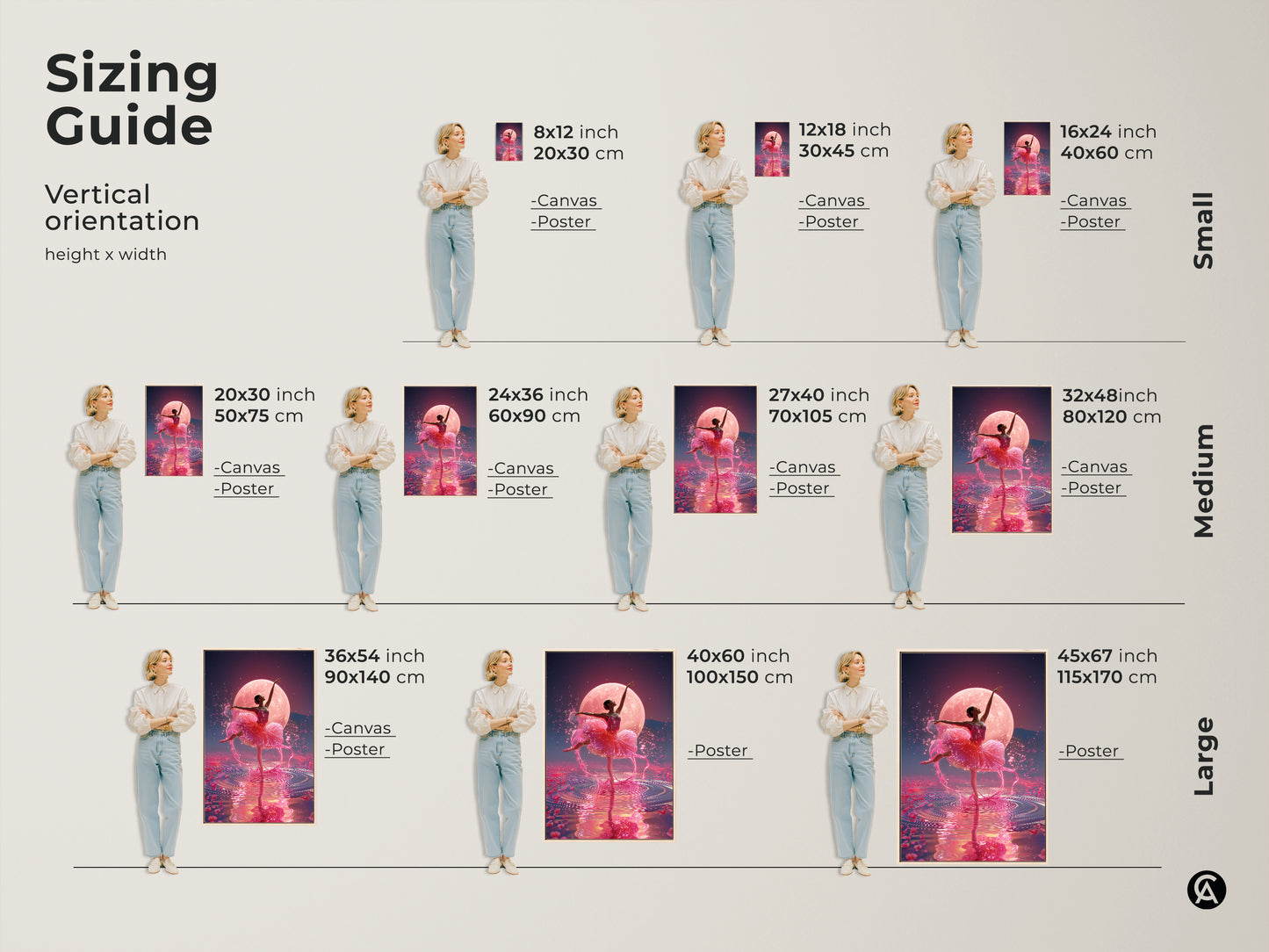 Sizing guide for vertical orientation art. It features a ballerina under a pink moon. Sizes range from small to large in canvas and poster prints. Find the perfect fit for your space.