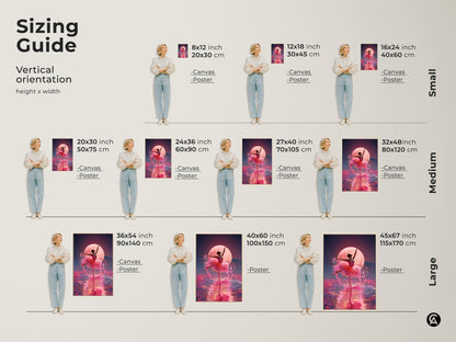 Sizing guide for vertical orientation art. It features a ballerina under a pink moon. Sizes range from small to large in canvas and poster prints. Find the perfect fit for your space.