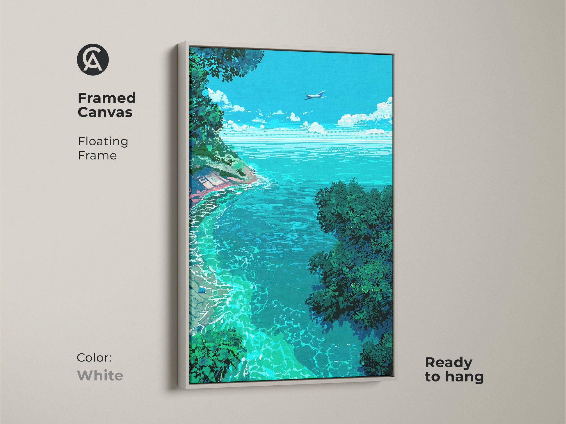 White framed canvas art featuring a pixel art ocean scene. This artwork captures a tropical beach with clear water and lush greenery. A plane flies in the blue sky. The floating frame offers a clean aesthetic. Ready to hang.