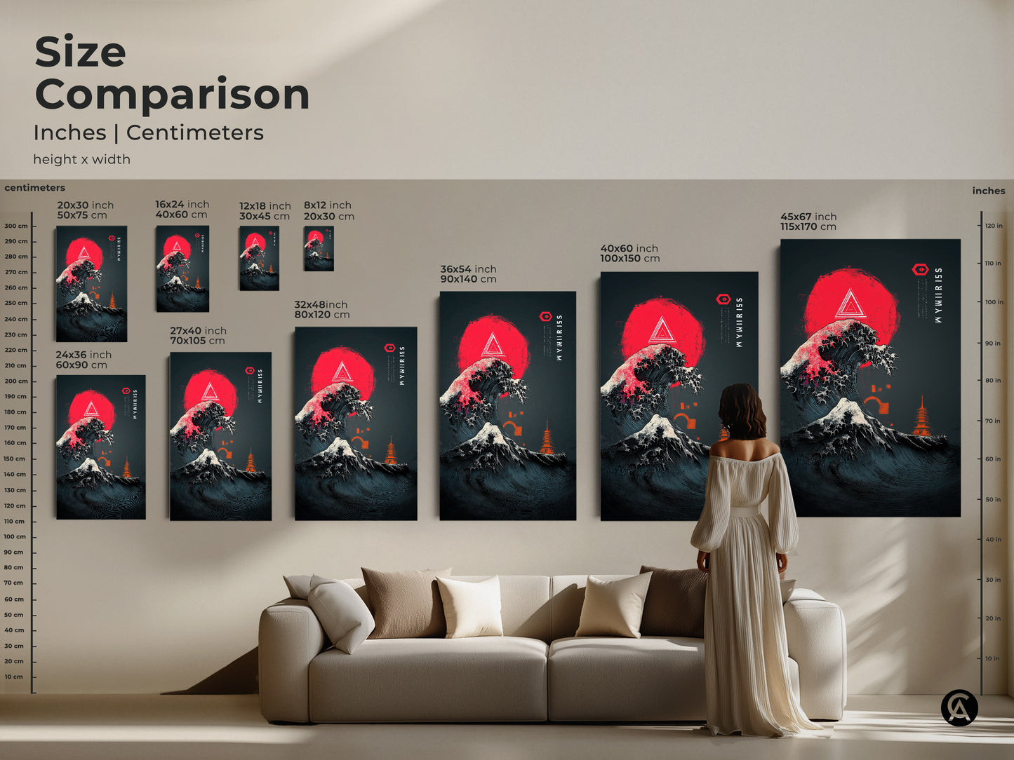 Size comparison chart of ukiyo-e wave art dimensions in inches and centimeters. The sizes range from 8x12 to 45x67 inches. A woman stands near a sofa to compare the wall art sizes. This print features ukiyo-e inspired wave art in japanese ocean waves canvas.
