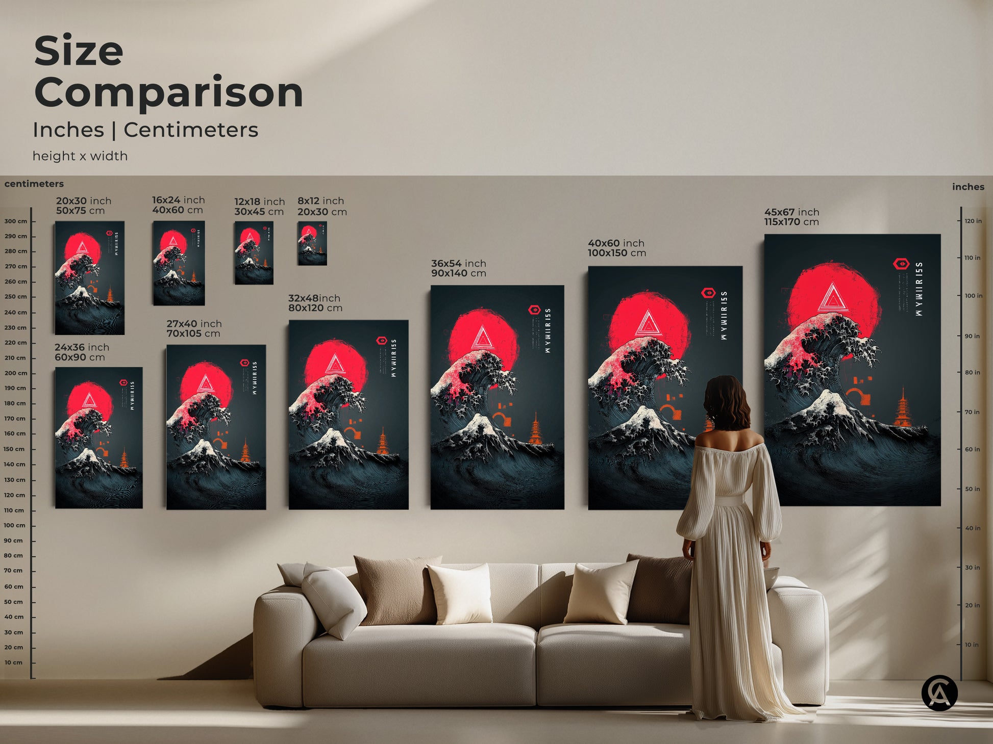 Size comparison chart of ukiyo-e wave art dimensions in inches and centimeters. The sizes range from 8x12 to 45x67 inches. A woman stands near a sofa to compare the wall art sizes. This print features ukiyo-e inspired wave art in japanese ocean waves canvas.