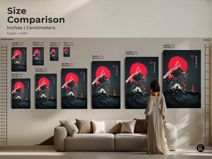Size comparison chart of ukiyo-e wave art dimensions in inches and centimeters. The sizes range from 8x12 to 45x67 inches. A woman stands near a sofa to compare the wall art sizes. This print features ukiyo-e inspired wave art in japanese ocean waves canvas.