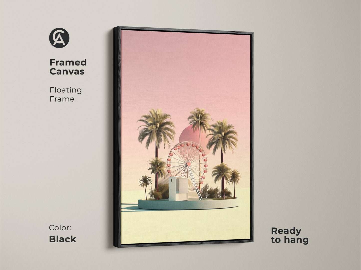A framed canvas showcasing a pastel yellow Ferris wheel and palm trees. This retro art features a black floating frame. The boho artwork evokes a summer vacation vibe. Ideal wall art for an entryway with its surreal landscape. The modern design adds amusement park charm to any space.