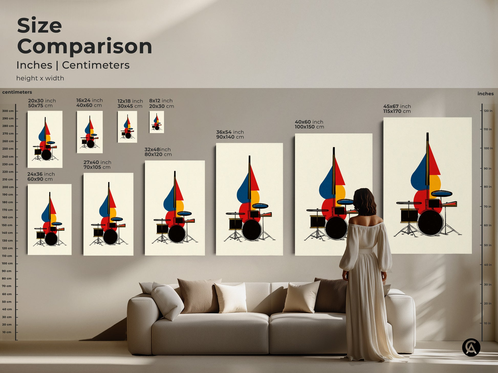 Compare sizes of abstract drum set art in inches and centimeters. See how geometric music wall decor fits above a sofa. Find the perfect scale for canvas or poster prints. Choose art that complements your space. It will enhance any modern interior.