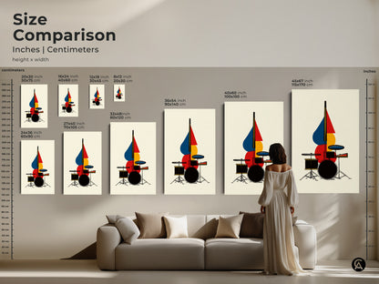 Compare sizes of abstract drum set art in inches and centimeters. See how geometric music wall decor fits above a sofa. Find the perfect scale for canvas or poster prints. Choose art that complements your space. It will enhance any modern interior.
