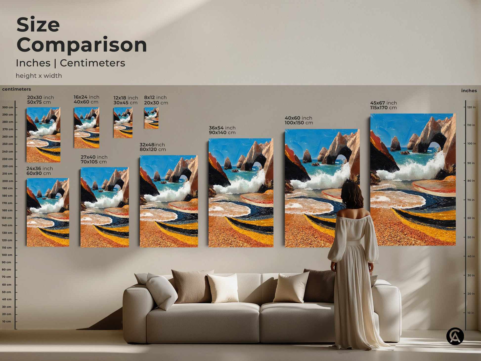 Size comparison of coastal artwork in inches and centimeters. Textured ocean archway beach scene. Artwork available in sizes from 8x12 to 45x67 inches. Aqua orange blue seascape wall decor. Enhances any residential space.
