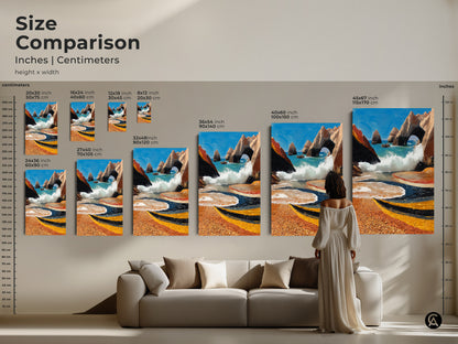 Size comparison of coastal artwork in inches and centimeters. Textured ocean archway beach scene. Artwork available in sizes from 8x12 to 45x67 inches. Aqua orange blue seascape wall decor. Enhances any residential space.
