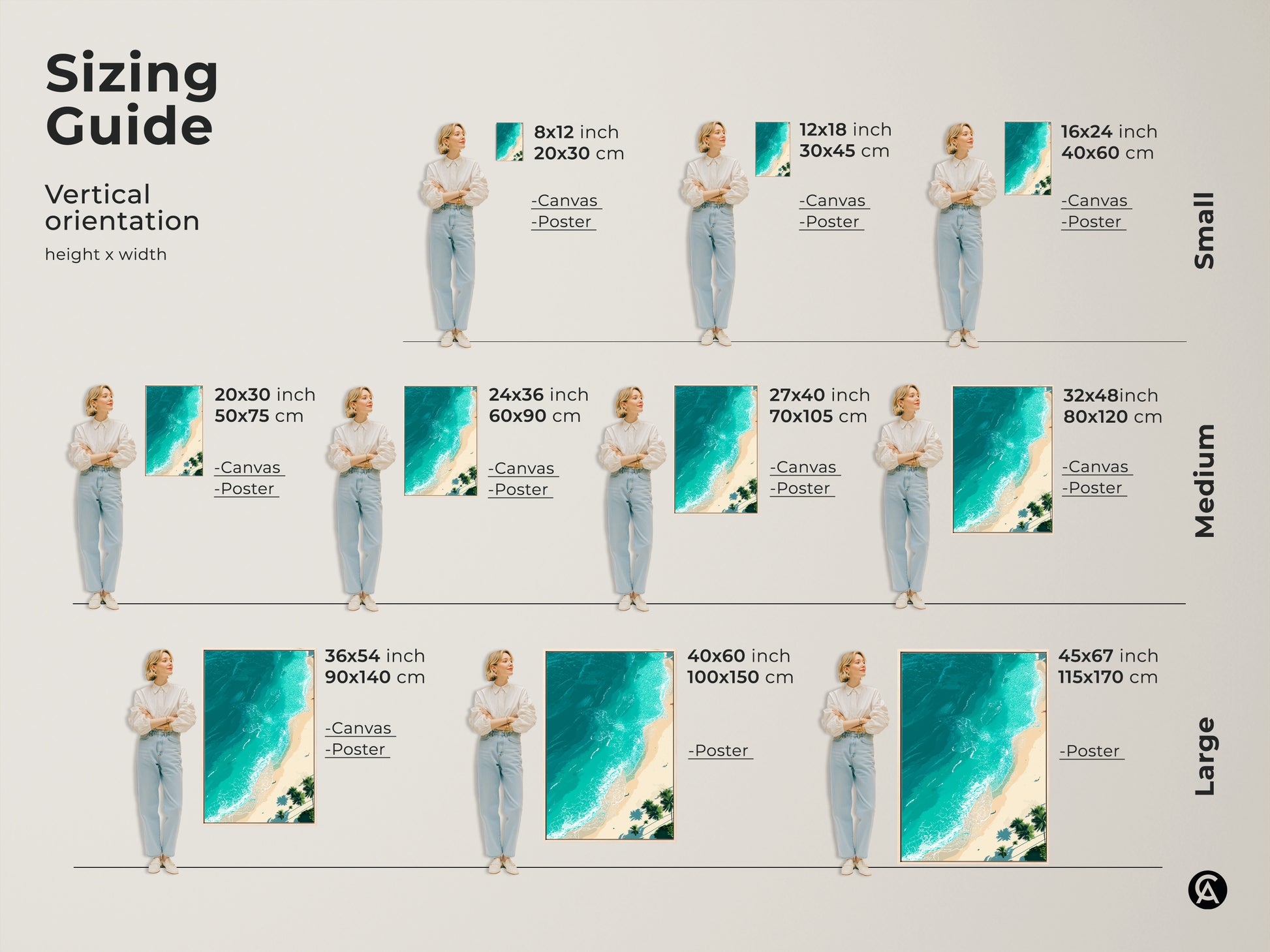 Sizing guide for vertical beach artwork. Available in canvas and poster prints. Find the perfect size for your space. Small medium and large options available. Transform your home with stunning coastal art. Sizes range from 8x12 inches to 45x67 inches.