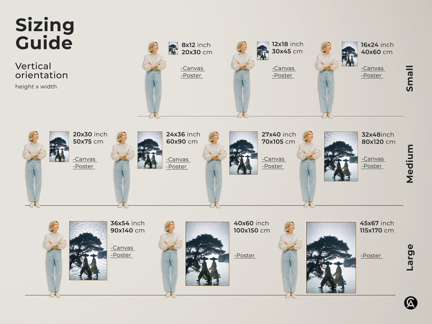 Sizing guide for silhouetted figures and pine tree artwork. Vertical orientation options include canvas and poster. This Japandi wall art in dark blue and beige fits small medium and large spaces. A minimalist home office or entryway art solution.