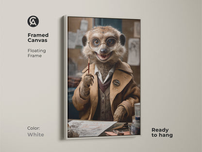Framed canvas art featuring a dapper meerkat in a white floating frame. This tan and gold artwork brings humor to any space. It's a quirky animal art print perfect for home or office decor. A unique gift for animal art lovers and collectors.