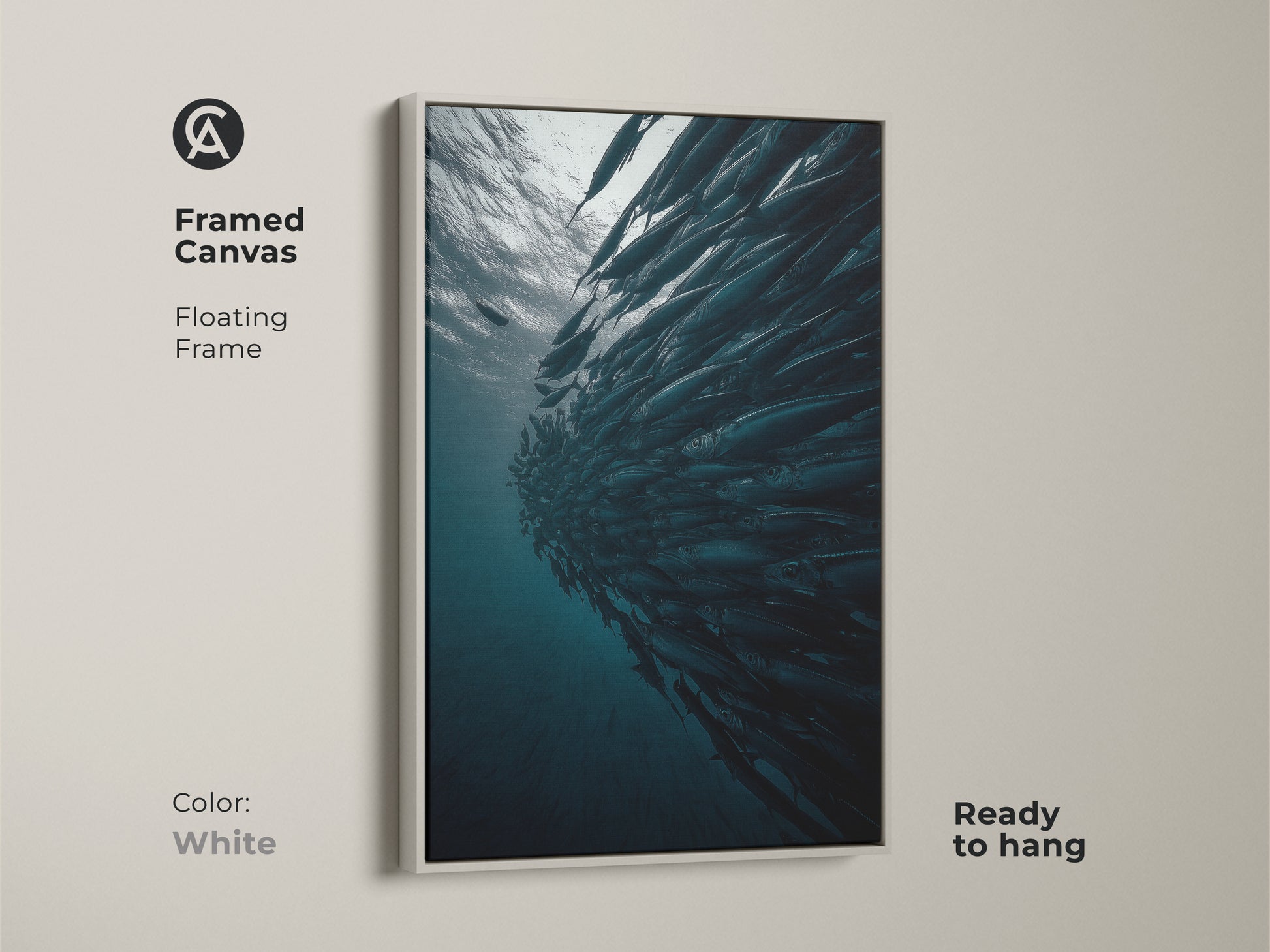 Framed canvas featuring a school of fish with a white floating frame. This underwater ocean wildlife print is ready to hang. This contemporary fish artwork is a modern wildlife canvas. This deep blue gray teal wall art suits any residential bedroom.