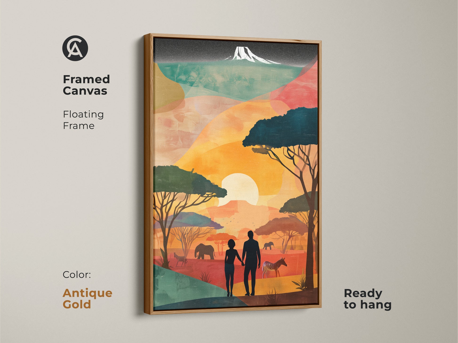 The canvas art is framed in antique gold enhancing the retro African landscape. The boho art shows a couple silhouette with savanna wildlife. See elephants zebras & trees. It's ready to hang. Ideal for creating a warm romantic atmosphere. This is a thoughtful travel anniversary gift.