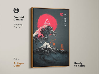 Framed canvas with a floating frame showcasing ukiyo-e inspired wave art. It features Japanese ocean waves canvas art with a crimson sun. Pagoda art print for minimalist entryway decor. This dark blue abstract art is ready to hang. This one has an antique gold frame.