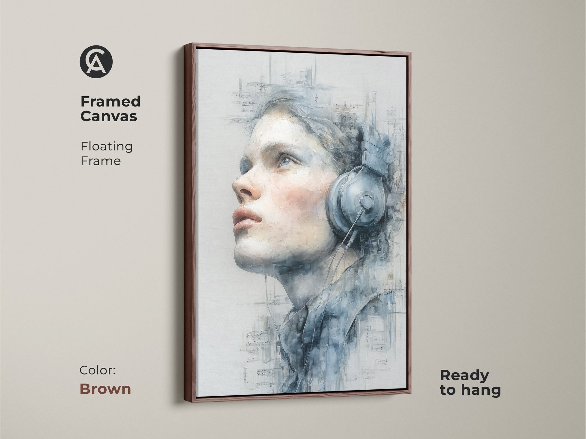 A brown framed canvas print displays a woman wearing headphones. This floating frame accentuates the artwork's details. The canvas is ready to hang. Enhance your decor with this elegant and musical art.
