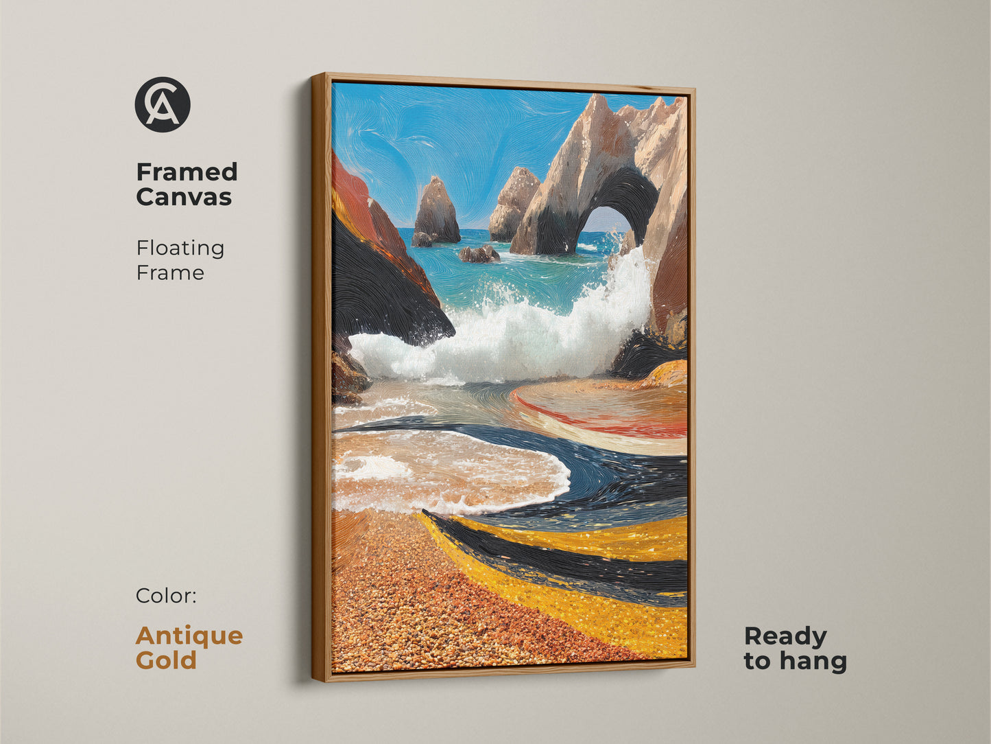 Framed canvas showcasing a coastal archway and dynamic ocean waves. The beach print is textured with aqua and orange colors. A blue landscape brings the scene to life. The floating frame is antique gold. Enhances any entry hallway.