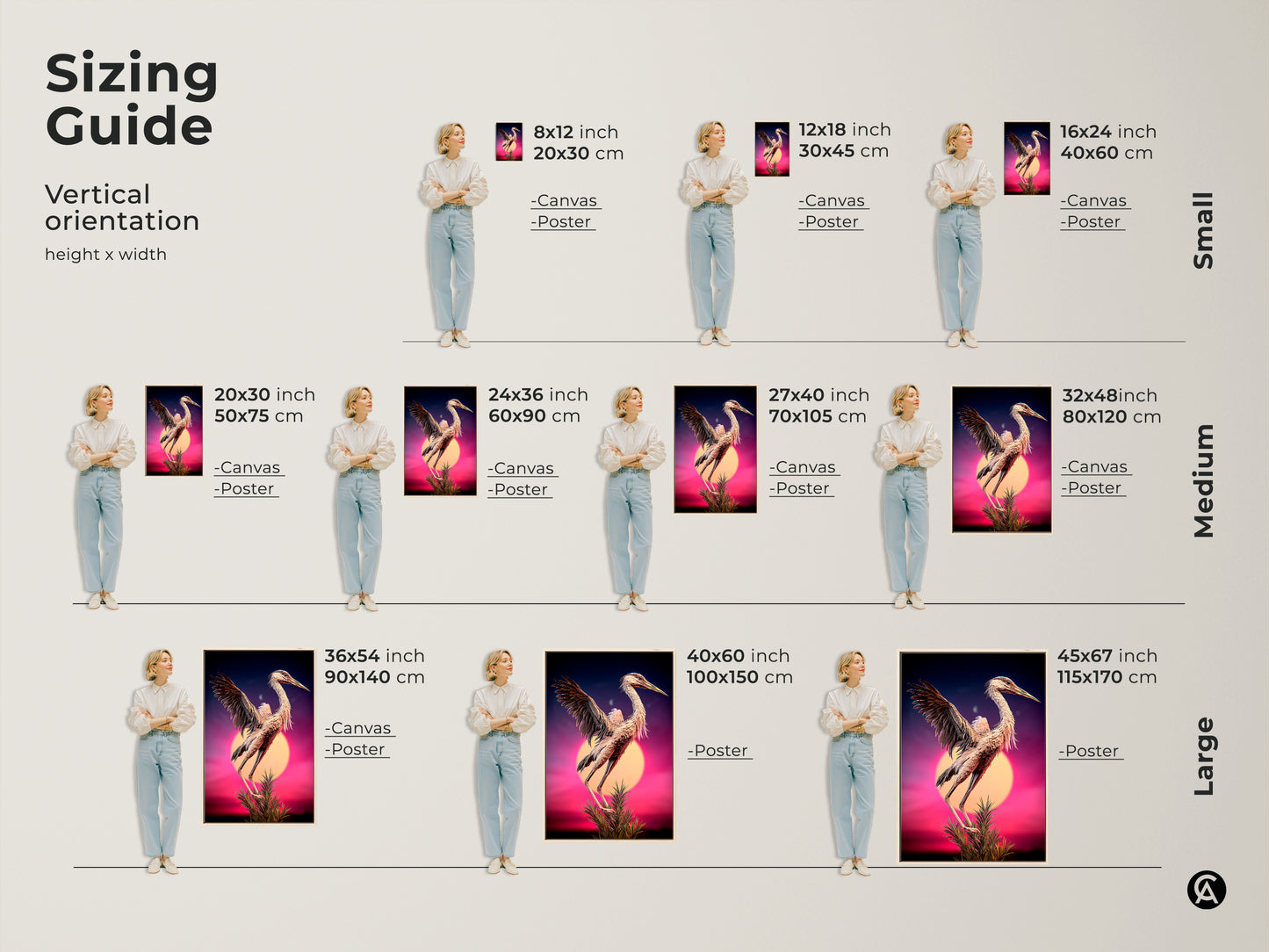 Sizing guide featuring surreal heron artwork in various sizes. Vertical orientation options range from small to large. Sizes include 8x12 to 45x67 inches. Available as canvas or poster prints. Find the perfect fit for your home with this eclectic wildlife decor. Nature animal fine art for any space.