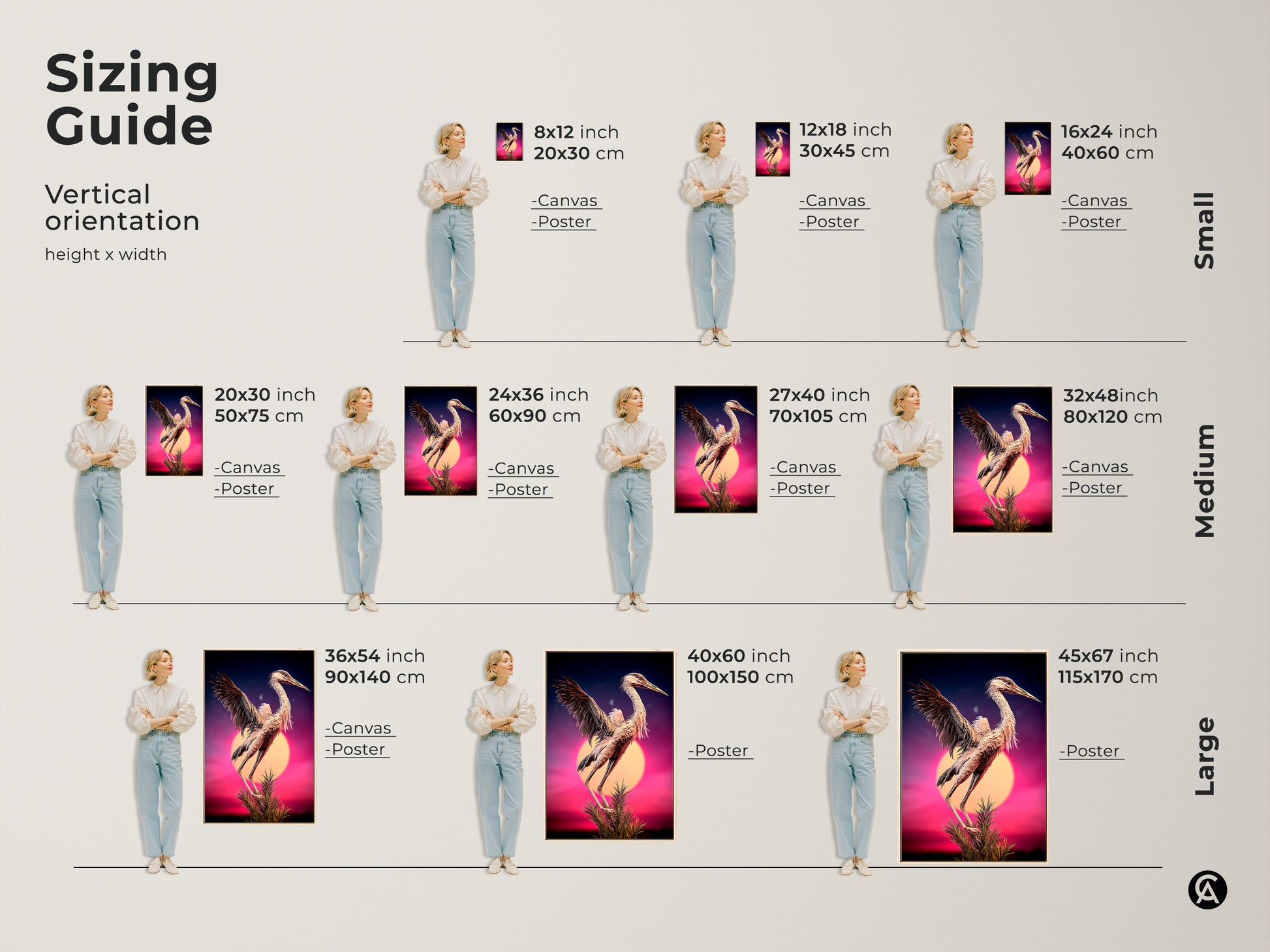 Sizing guide featuring surreal heron artwork in various sizes. Vertical orientation options range from small to large. Sizes include 8x12 to 45x67 inches. Available as canvas or poster prints. Find the perfect fit for your home with this eclectic wildlife decor. Nature animal fine art for any space.