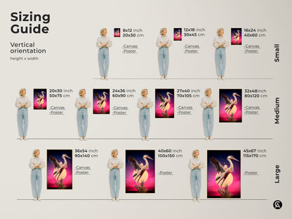 Sizing guide featuring surreal heron artwork in various sizes. Vertical orientation options range from small to large. Sizes include 8x12 to 45x67 inches. Available as canvas or poster prints. Find the perfect fit for your home with this eclectic wildlife decor. Nature animal fine art for any space.