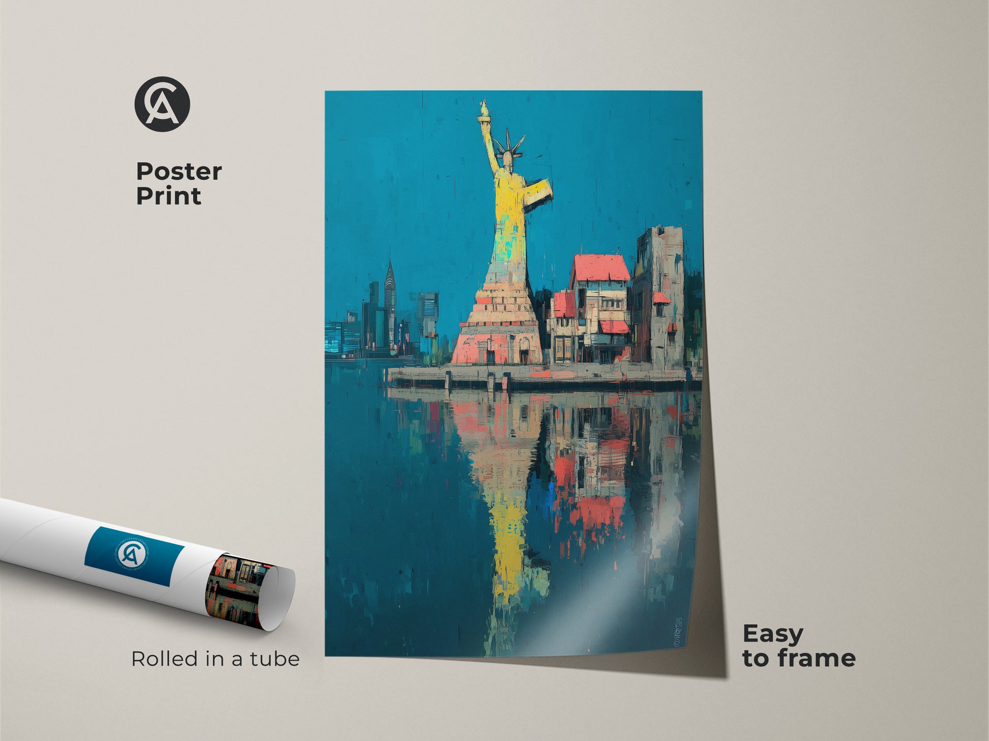 Easy-to-frame Statue of Liberty poster print. Rolled in a tube and ready for framing. This abstract city art print features a vibrant yellow blue and teal cityscape. Perfect for adding a contemporary touch to any room. A unique piece of modern office wall art.