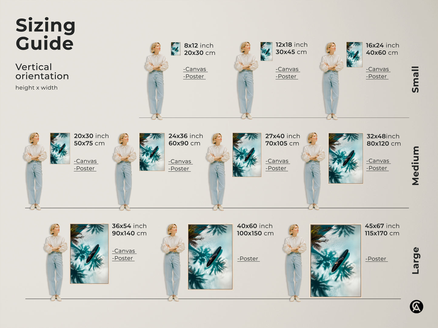 Find the perfect size for your coastal artwork with our sizing guide. See how this serene artwork looks in various dimensions. The artwork shows a person on a surfboard in crystal-clear water. Palm shadows add a tropical touch. Visualize the ideal fit for your space before you buy.