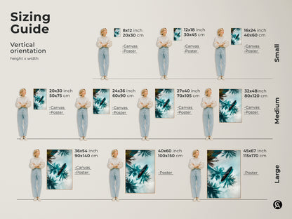 Find the perfect size for your coastal artwork with our sizing guide. See how this serene artwork looks in various dimensions. The artwork shows a person on a surfboard in crystal-clear water. Palm shadows add a tropical touch. Visualize the ideal fit for your space before you buy.